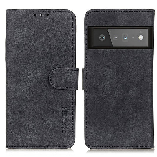 KHAZNEH Vintage Style Leather Wallet Stand Case for Google Pixel 6 Pro - Black