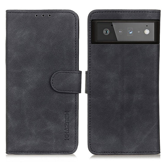 KHAZNEH for Google Pixel 6 PU Leather Phone Case Vintage Style Wallet Stand Flip Cover - Black