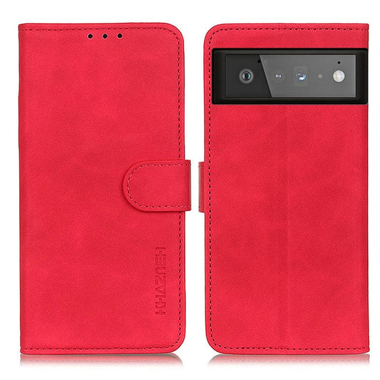 KHAZNEH for Google Pixel 6 PU Leather Phone Case Vintage Style Wallet Stand Flip Cover - Red