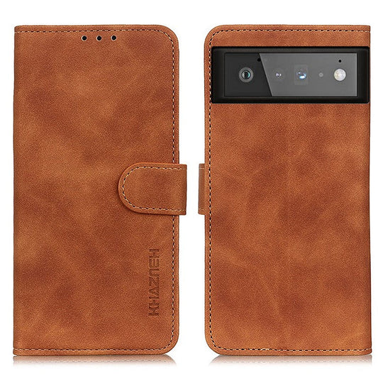 KHAZNEH for Google Pixel 6 PU Leather Phone Case Vintage Style Wallet Stand Flip Cover - Brown