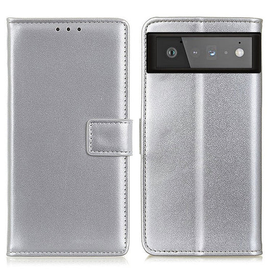 PU Leather Protective Phone Wallet Stand Shell Case for Google Pixel 6 - Silver