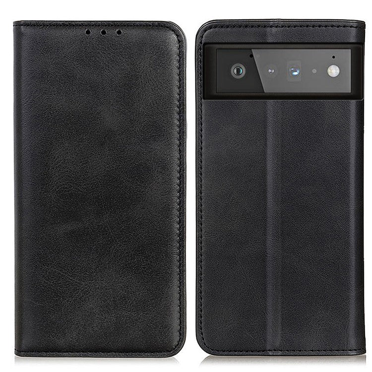 Auto-absorbed Split Leather Wallet Shell Case for Google Pixel 6 - Black