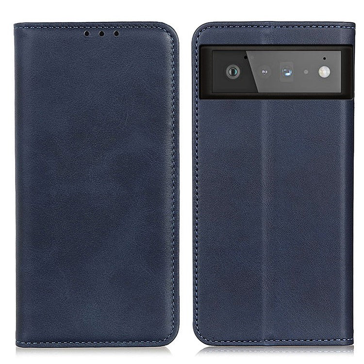 Auto-absorbed Split Leather Wallet Shell Case for Google Pixel 6 - Blue