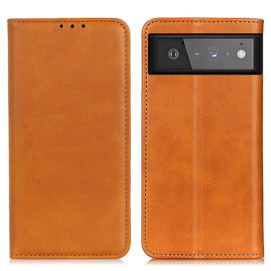 Auto-absorbed Split Leather Wallet Shell Case for Google Pixel 6 - Brown