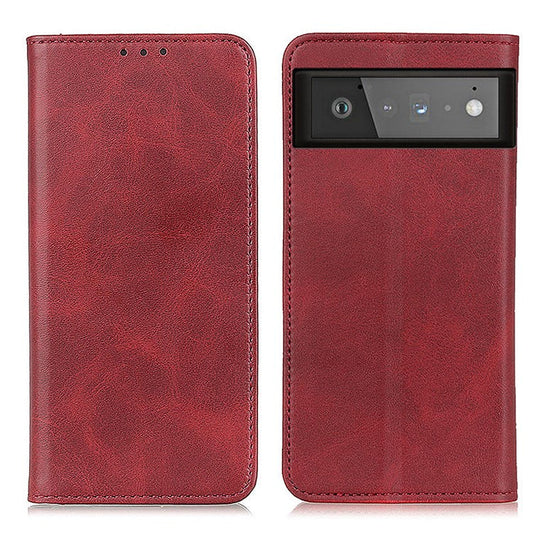 Auto-absorbed Split Leather Wallet Shell Case for Google Pixel 6 - Red