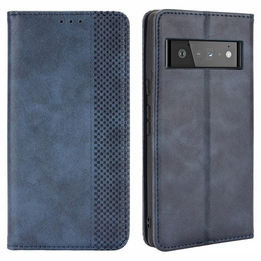 Vintage Style Stand Wallet Leather Cover Phone Case for Google Pixel 6 - Blue