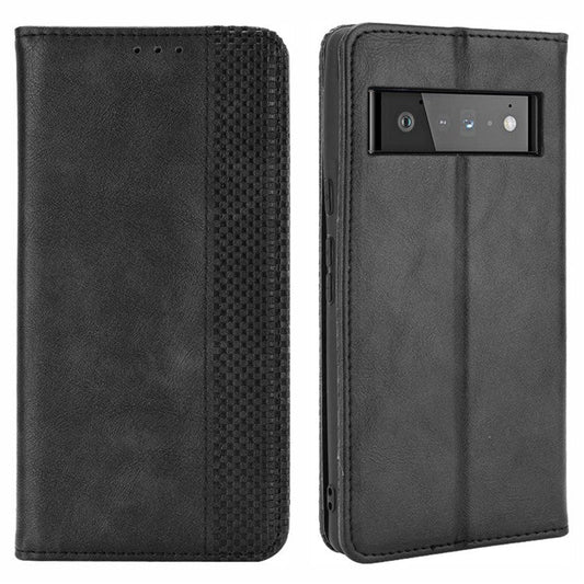 Vintage Style Stand Wallet Leather Cover Phone Case for Google Pixel 6 - Black