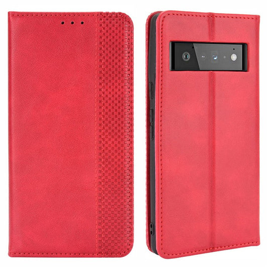 Vintage Style Stand Wallet Leather Cover Phone Case for Google Pixel 6 - Red