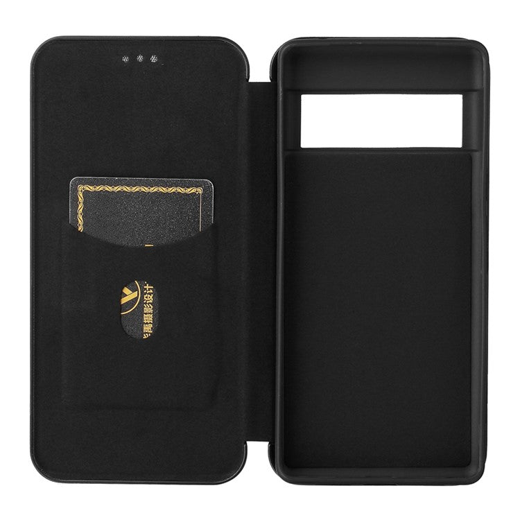 Auto-absorbed Leather Shell Carbon Fiber Texture with Card Slot and Ring Strap for Google Pixel 6 - Black