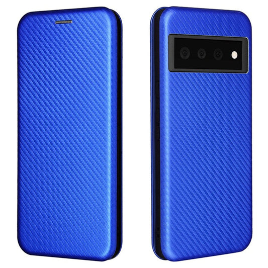 Auto-absorbed Leather Shell Carbon Fiber Texture with Card Slot and Ring Strap for Google Pixel 6 - Blue