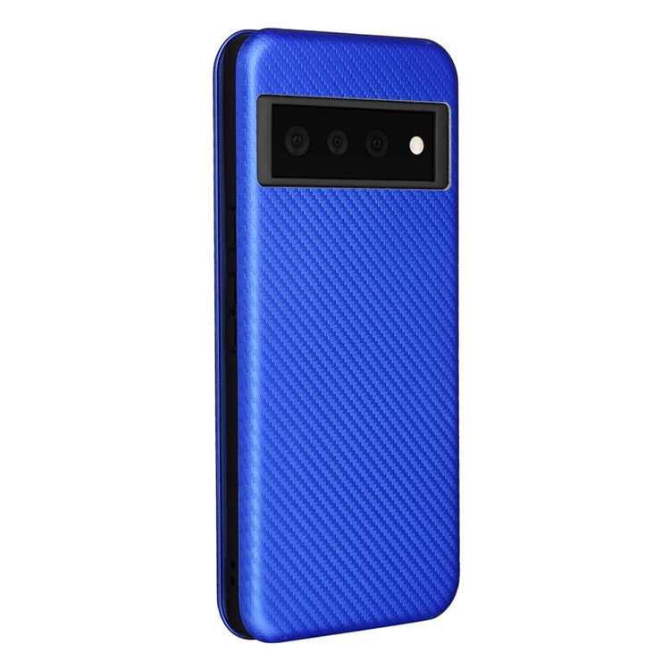 Auto-absorbed Leather Shell Carbon Fiber Texture with Card Slot and Ring Strap for Google Pixel 6 - Blue