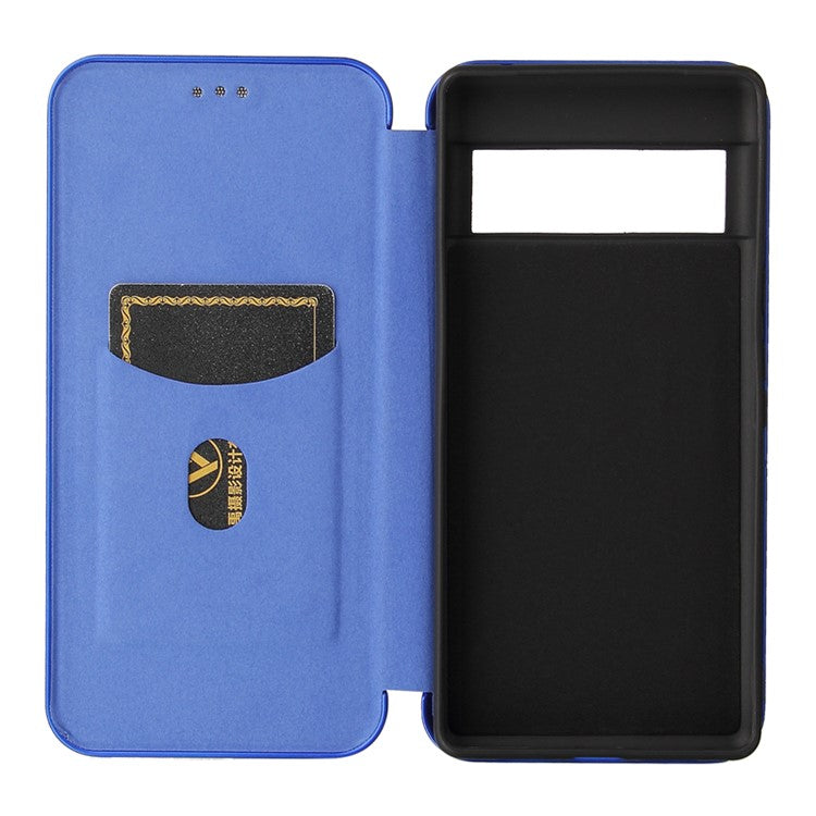 Auto-absorbed Leather Shell Carbon Fiber Texture with Card Slot and Ring Strap for Google Pixel 6 - Blue