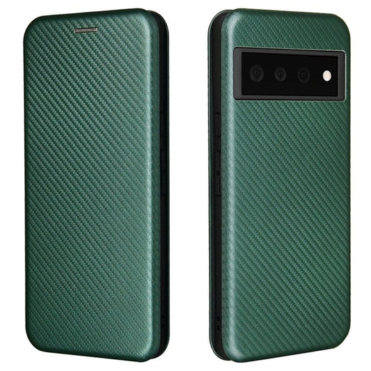 Auto-absorbed Leather Shell Carbon Fiber Texture with Card Slot and Ring Strap for Google Pixel 6 - Green