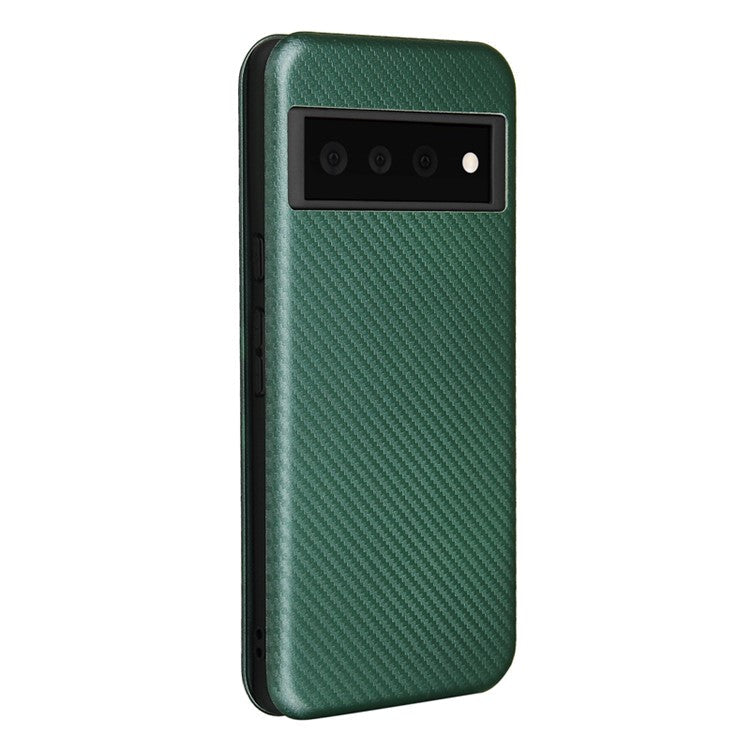 Auto-absorbed Leather Shell Carbon Fiber Texture with Card Slot and Ring Strap for Google Pixel 6 - Green