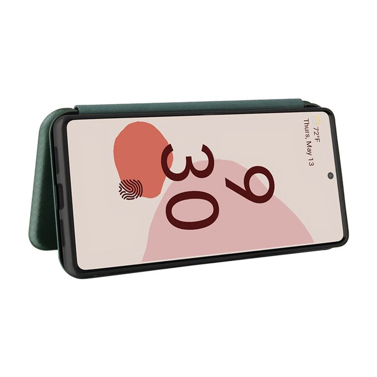 Auto-absorbed Leather Shell Carbon Fiber Texture with Card Slot and Ring Strap for Google Pixel 6 - Green