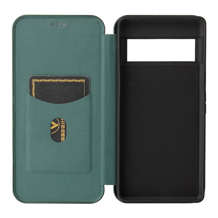 Auto-absorbed Leather Shell Carbon Fiber Texture with Card Slot and Ring Strap for Google Pixel 6 - Green
