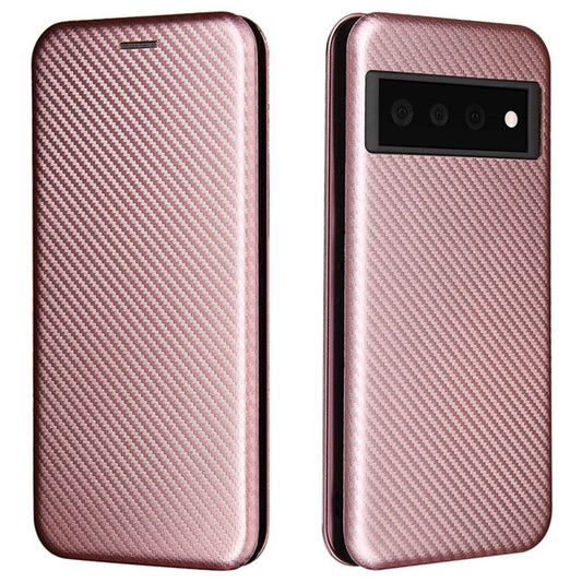 Auto-absorbed Leather Shell Carbon Fiber Texture with Card Slot and Ring Strap for Google Pixel 6 - Rose Gold