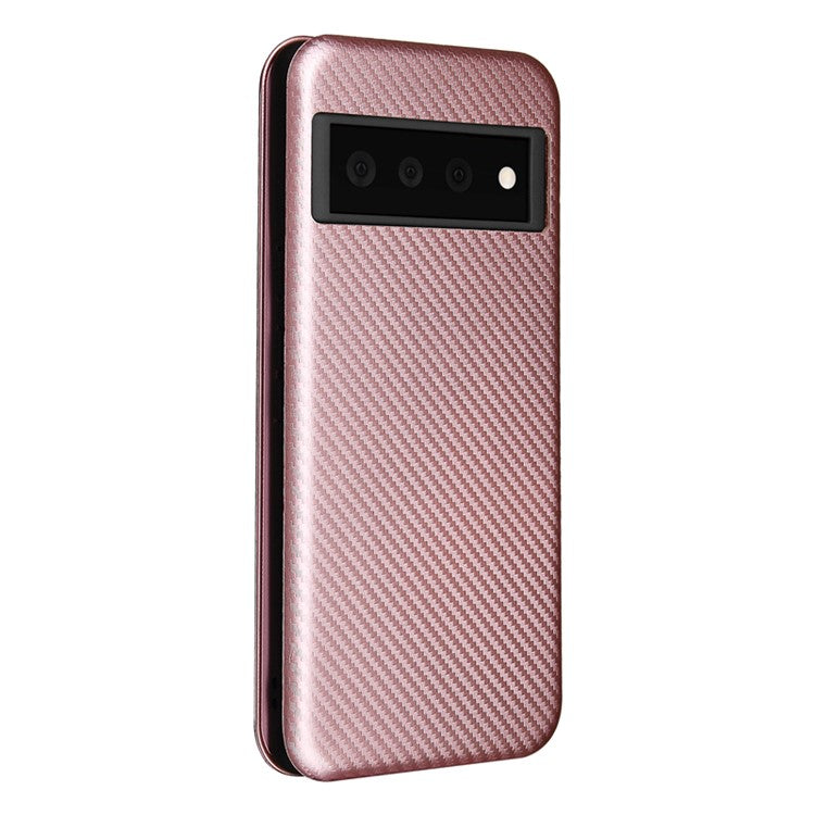 Auto-absorbed Leather Shell Carbon Fiber Texture with Card Slot and Ring Strap for Google Pixel 6 - Rose Gold
