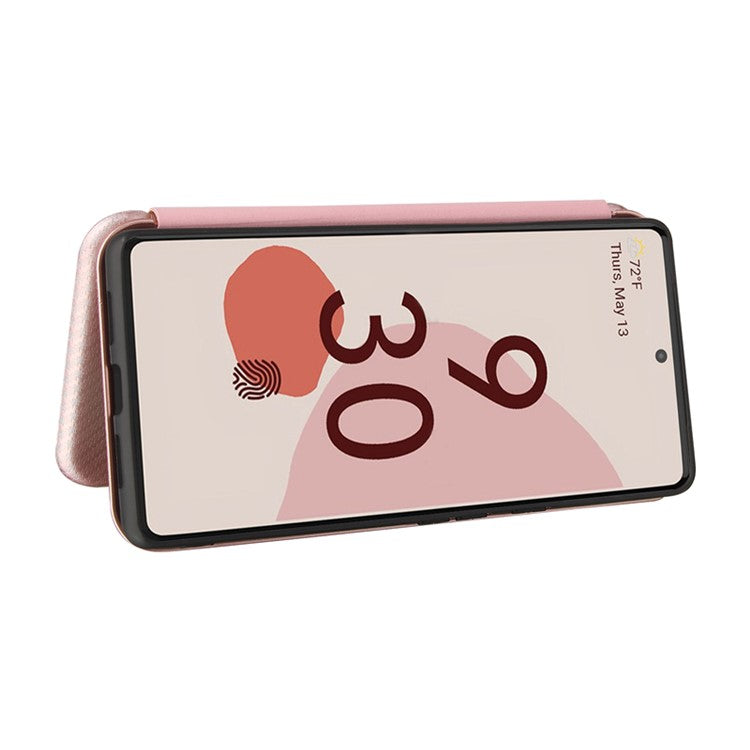 Auto-absorbed Leather Shell Carbon Fiber Texture with Card Slot and Ring Strap for Google Pixel 6 - Rose Gold
