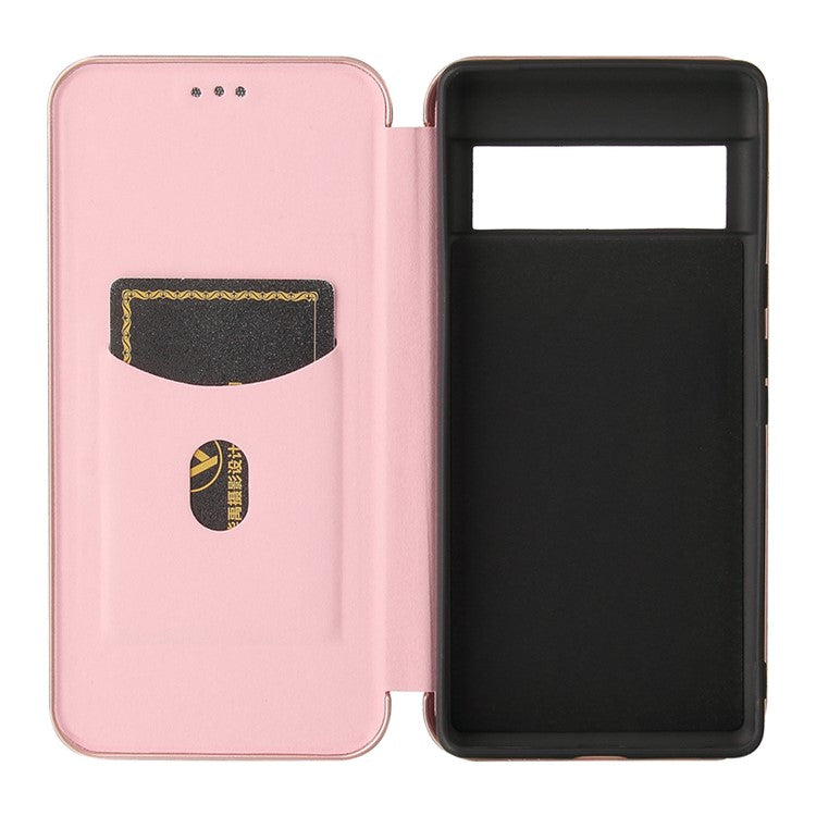 Auto-absorbed Leather Shell Carbon Fiber Texture with Card Slot and Ring Strap for Google Pixel 6 - Rose Gold
