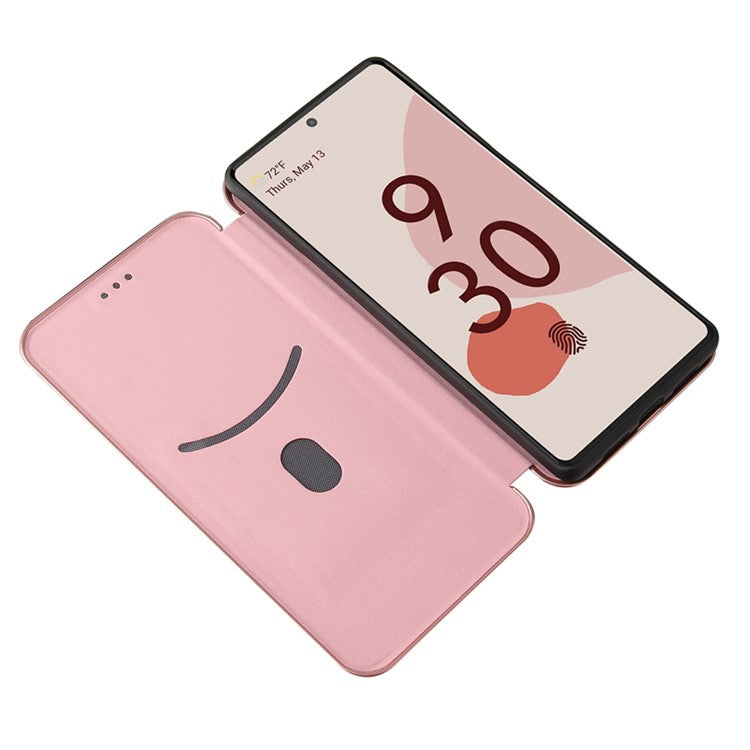 Auto-absorbed Leather Shell Carbon Fiber Texture with Card Slot and Ring Strap for Google Pixel 6 - Rose Gold