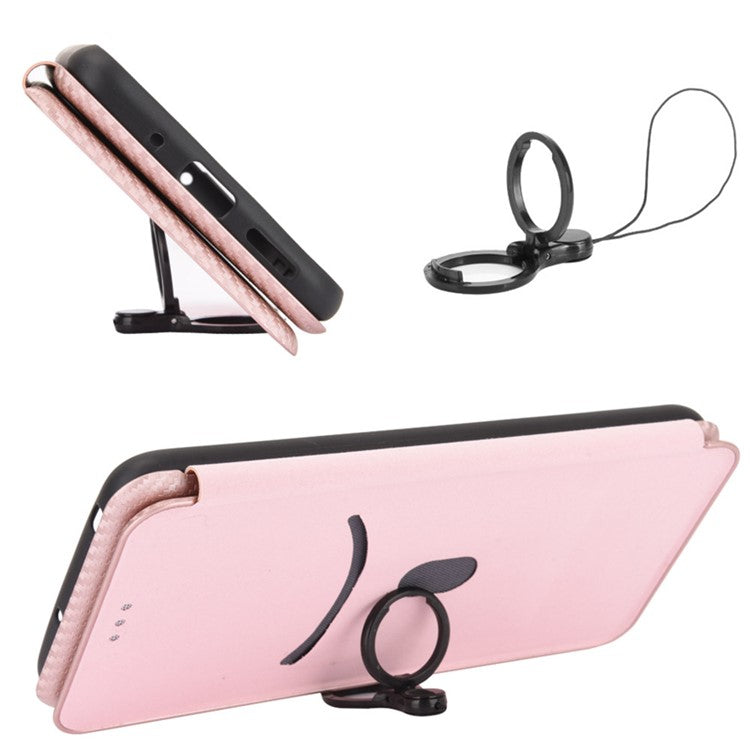 Auto-absorbed Leather Shell Carbon Fiber Texture with Card Slot and Ring Strap for Google Pixel 6 - Rose Gold