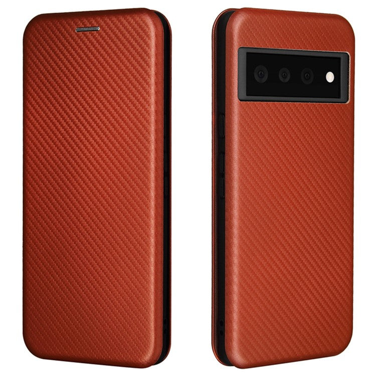 Auto-absorbed Leather Shell Carbon Fiber Texture with Card Slot and Ring Strap for Google Pixel 6 - Orange