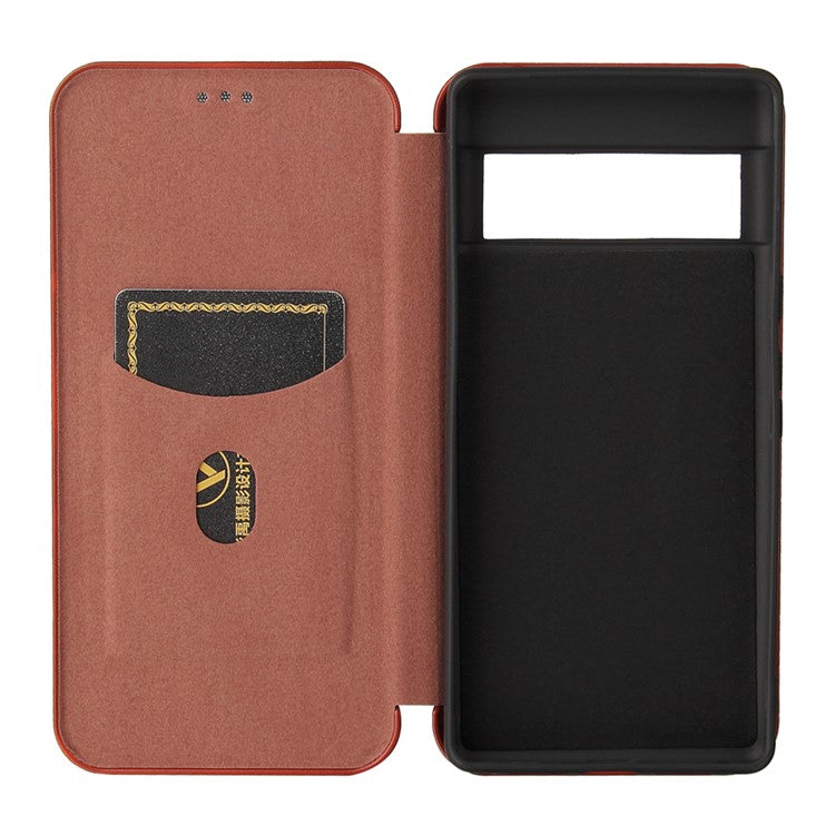 Auto-absorbed Leather Shell Carbon Fiber Texture with Card Slot and Ring Strap for Google Pixel 6 - Orange