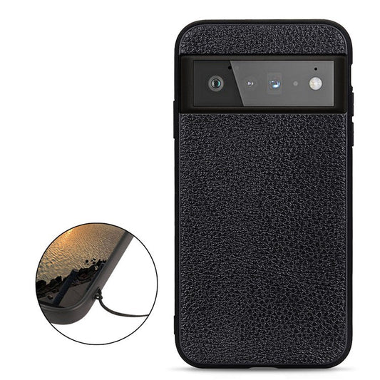 Genuine Leather Coated Litchi Texture PC Phone Case Shell for Google Pixel 6 Pro - Black
