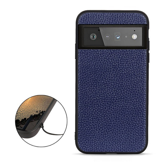Genuine Leather Coated Litchi Texture PC Phone Case Shell for Google Pixel 6 Pro - Blue