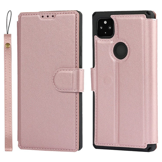 PU Leather Wallet Phone Cover with Wrist Strap for Google Pixel 4a - Rose Gold