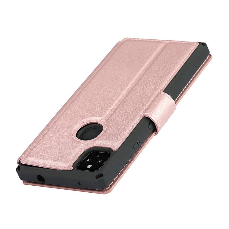 PU Leather Wallet Phone Cover with Wrist Strap for Google Pixel 4a - Rose Gold