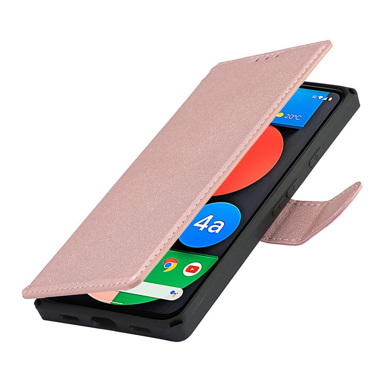 PU Leather Wallet Phone Cover with Wrist Strap for Google Pixel 4a - Rose Gold