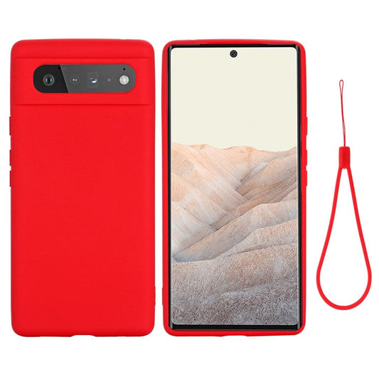 Mobile Phone Bag Case for Google Pixel 6 Liquid Silicone Shockproof Phone Cover with Strap - Red