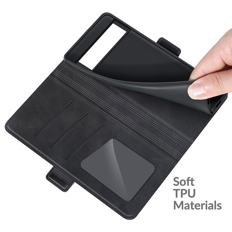 Folio Flip Magnetic Clasp Closure PU Leather Phone Cover Case with Stand for Google Pixel 6 - Black