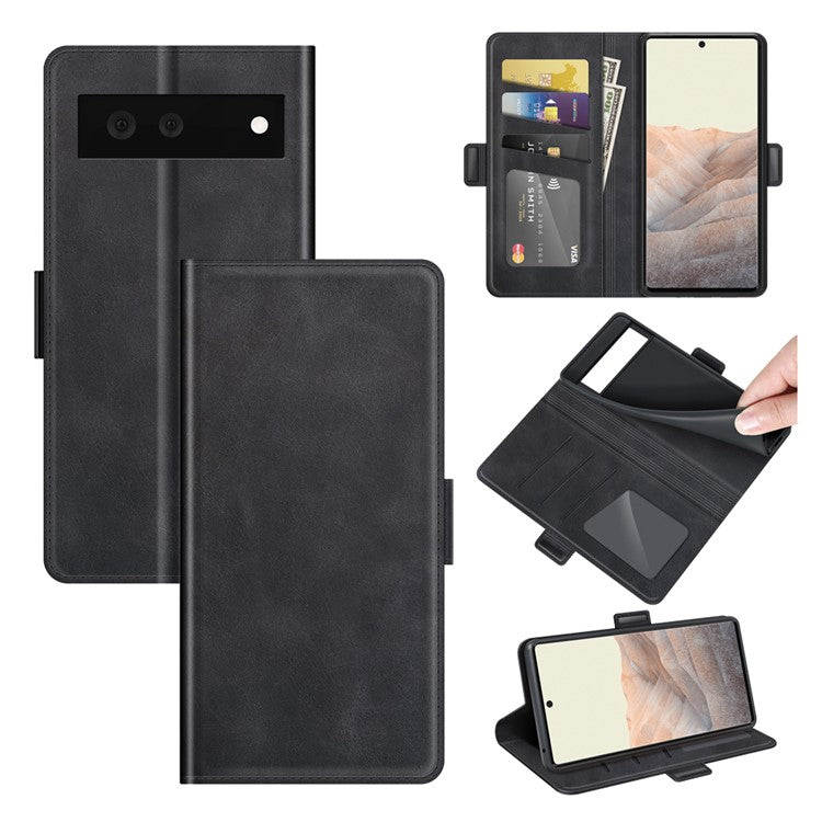 Folio Flip Magnetic Clasp Closure PU Leather Phone Cover Case with Stand for Google Pixel 6 - Black