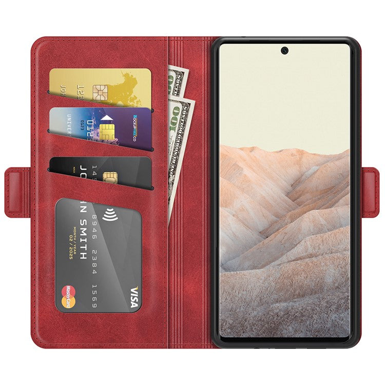 Folio Flip Magnetic Clasp Closure PU Leather Phone Cover Case with Stand for Google Pixel 6 - Red