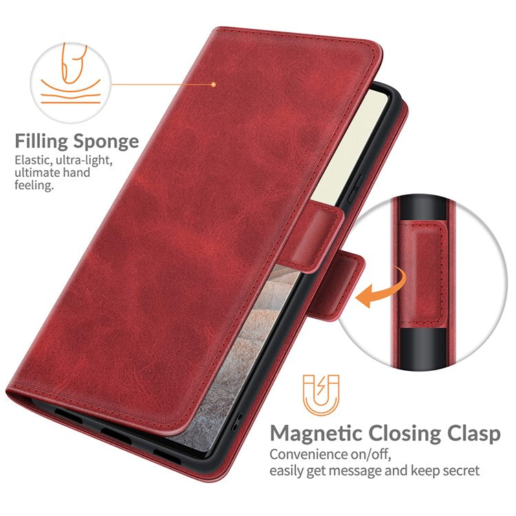 Folio Flip Magnetic Clasp Closure PU Leather Phone Cover Case with Stand for Google Pixel 6 - Red