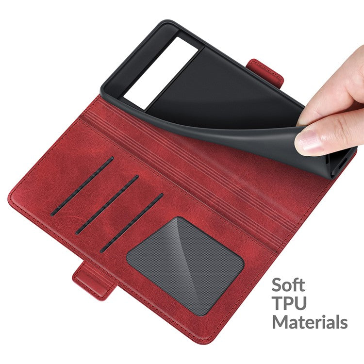 Folio Flip Magnetic Clasp Closure PU Leather Phone Cover Case with Stand for Google Pixel 6 - Red