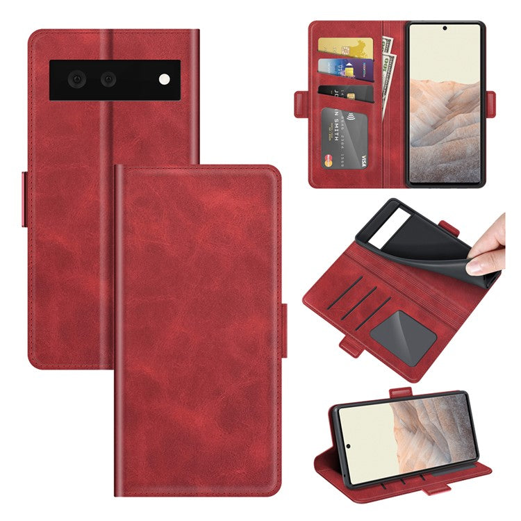 Folio Flip Magnetic Clasp Closure PU Leather Phone Cover Case with Stand for Google Pixel 6 - Red