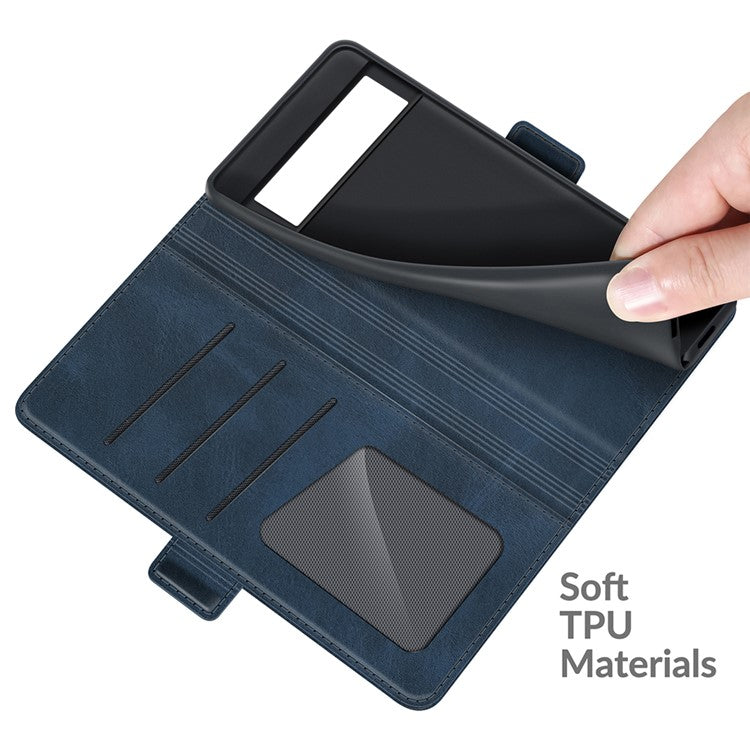 Folio Flip Magnetic Clasp Closure PU Leather Phone Cover Case with Stand for Google Pixel 6 - Blue