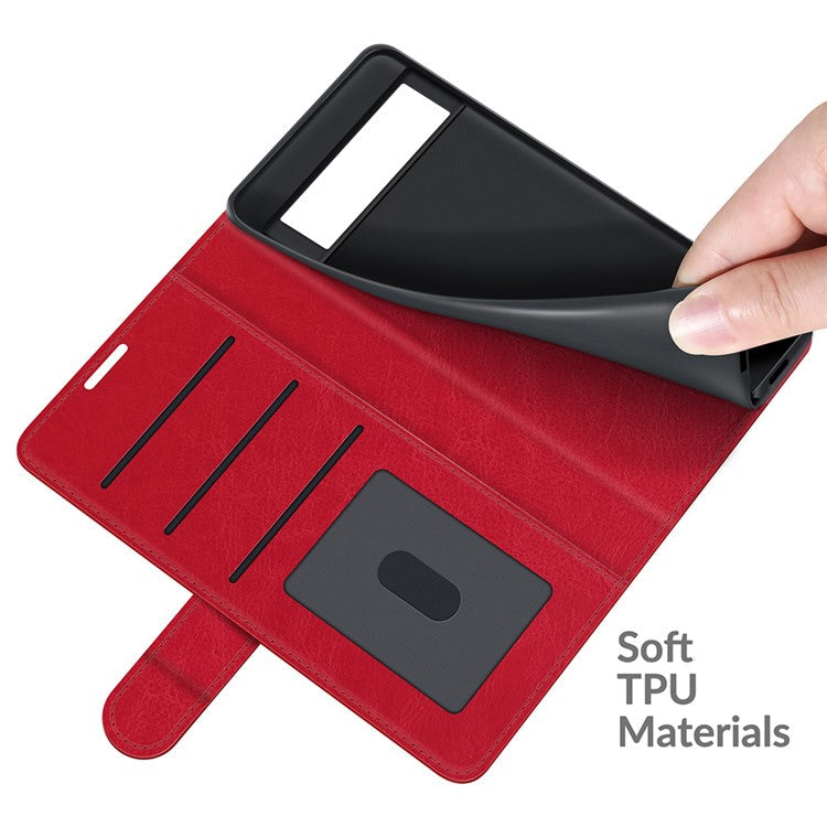 Folio Flip Crazy Horse Texture TPU Bumper Frame Leather Wallet Case with Stand for Google Pixel 6 - Red