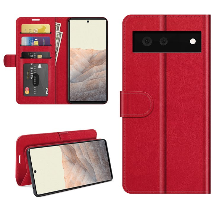 Folio Flip Crazy Horse Texture TPU Bumper Frame Leather Wallet Case with Stand for Google Pixel 6 - Red