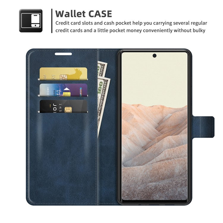 Folio Flip Leather Wallet Protective Case Phone Stand Cover Shell for Google Pixel 6 - Blue