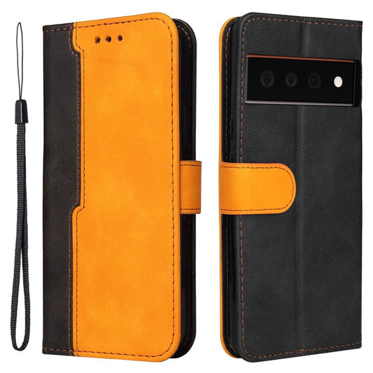 Two-Color Style Magnetic Soft TPU + PU Shockproof Flip Cover Wallet with Strap for Google Pixel 6 - Orange