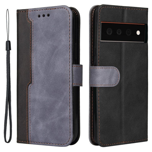 Two-Color Style Magnetic Soft TPU + PU Shockproof Flip Cover Wallet with Strap for Google Pixel 6 - Grey