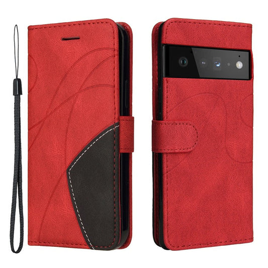 KT Leather Series-1 Bi-color Splicing PU Leather Wallet Case Flip Stand Cover with Wrist Strap for Google Pixel 6 - Red