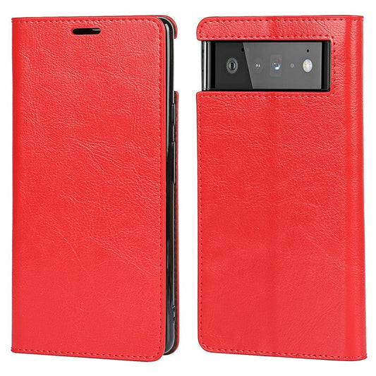 Drop-Proof Crazy Horse Genuine Leather Case with Wallet Stand Design for Google Pixel 6 - Red