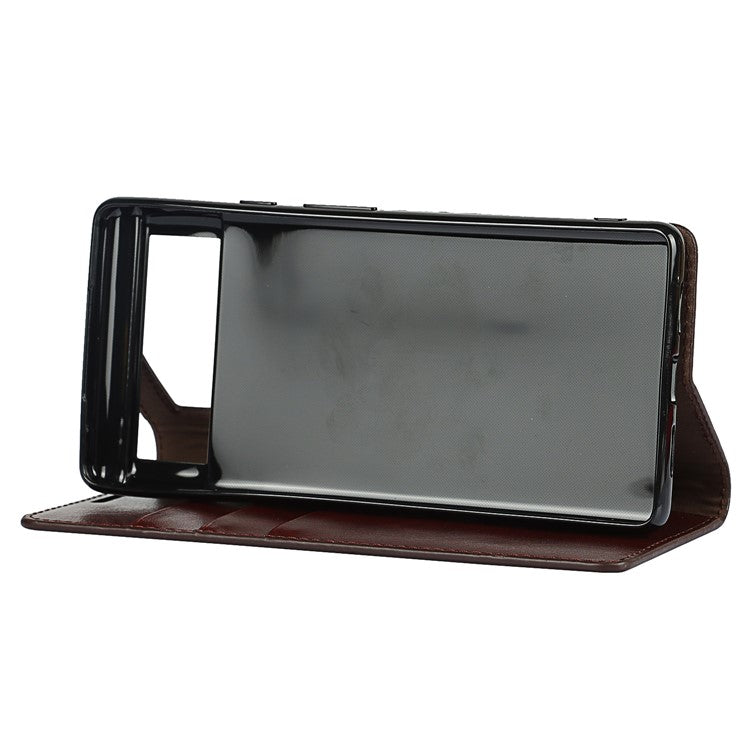 Drop-Proof Crazy Horse Genuine Leather Case with Wallet Stand Design for Google Pixel 6 - Dark Brown