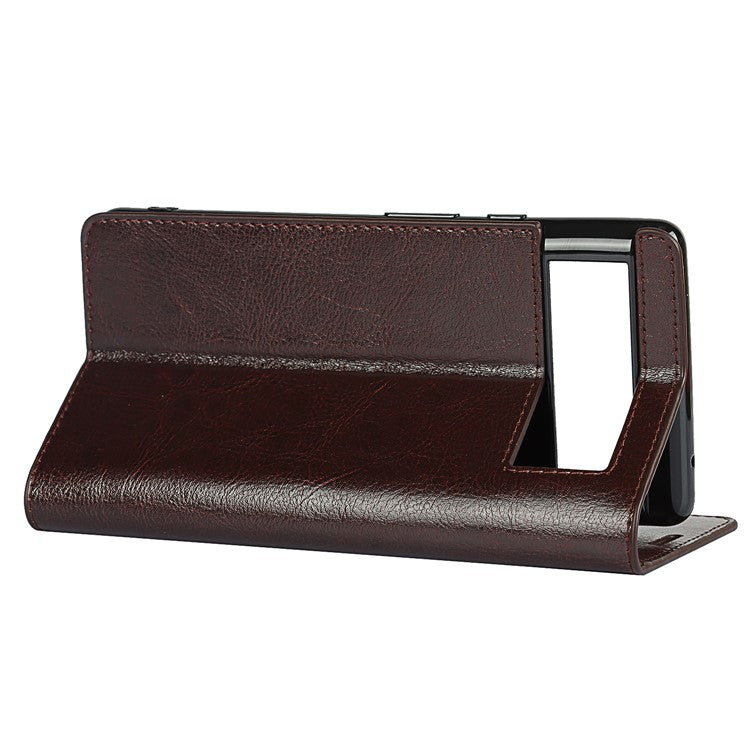 Drop-Proof Crazy Horse Genuine Leather Case with Wallet Stand Design for Google Pixel 6 - Dark Brown